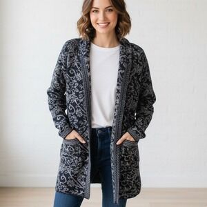 A. Ida $228 Large Wool Blend Navy Gray Filigree Swirl Open Front‎ Tunic Cardigan